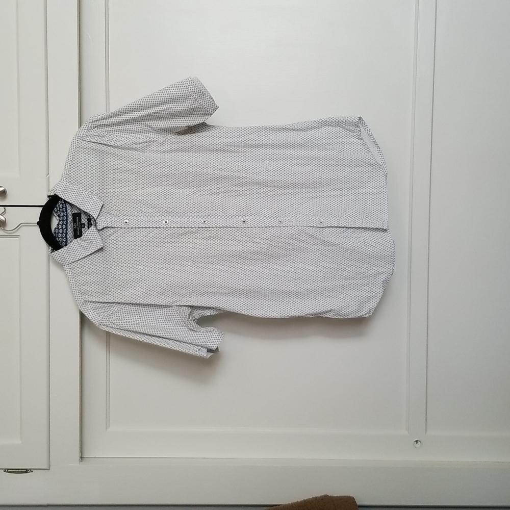 White with Black & Blue Print Button Down Shirt EUC